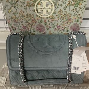 TORY BURCH FLEMING SUEDE CONVERTIBLE SHOULDER BAG BLUE CLAY STYLE 1390690922